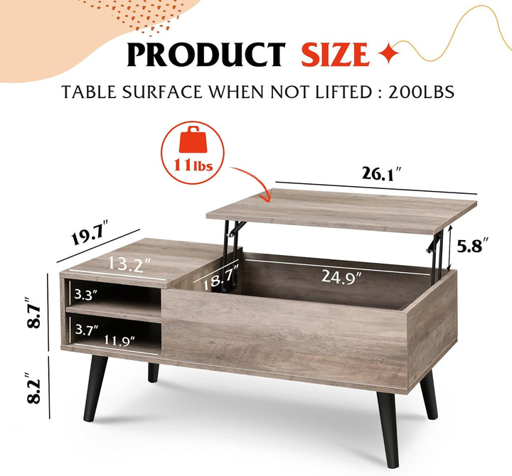 Lift Top Coffee Table with Hidden Storage, Adjustable Shelf, Greige