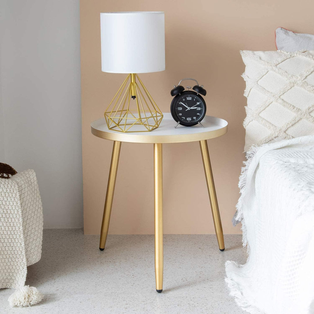 Small Round Side Table, White, 3 Gold Legs