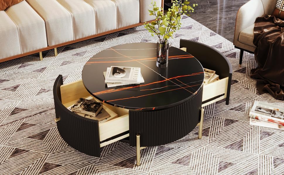 Coffee Table with Storage, Modern Accent Table, Black, Round