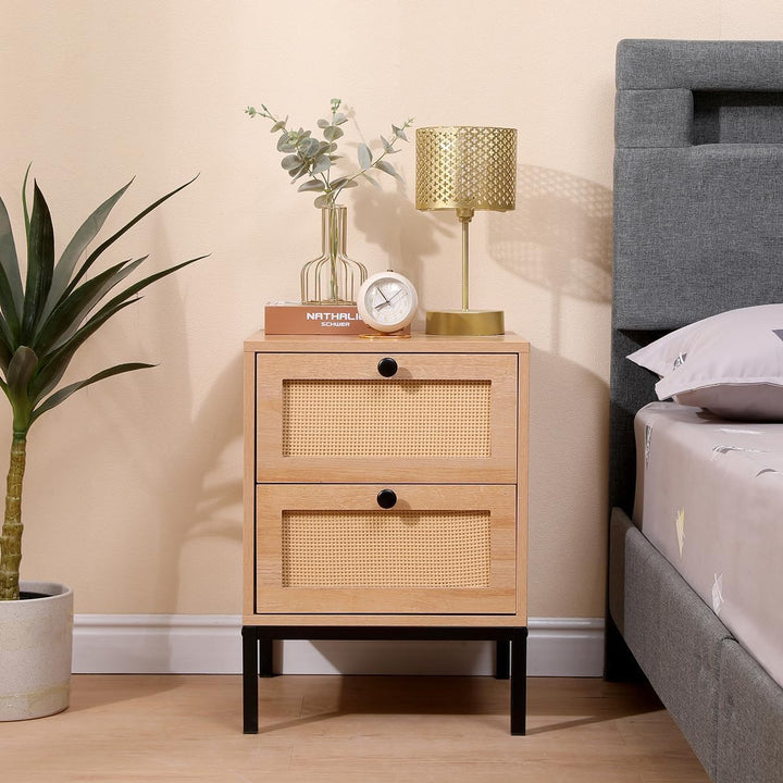 Nightstands Set of 2, Rattan Drawers, Metal Legs