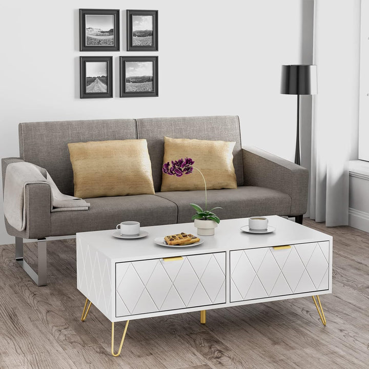 Scurrty Modern Coffee Table with Drawers, Open Shelves, Gold, White