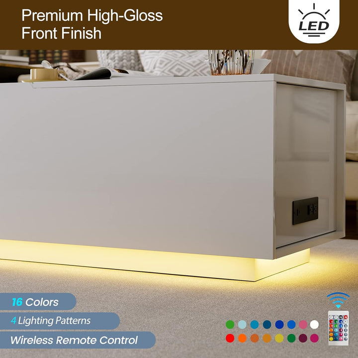 Lift Top Coffee Table with LED Lights and Charging Station, White