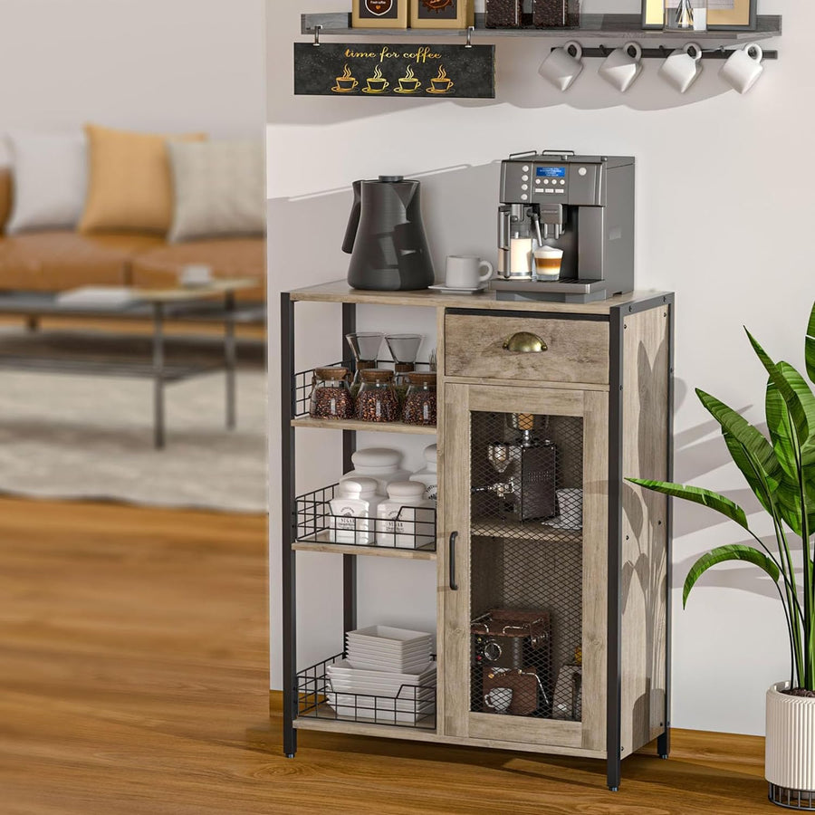 Versatile 3-Tier Coffee Bar Cabinet, Adjustable Shelf, Farmhouse Grey