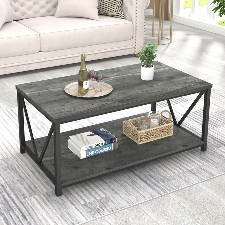 Coffee Table, Rustic Wood and Metal Center Table for Living Room, Grey