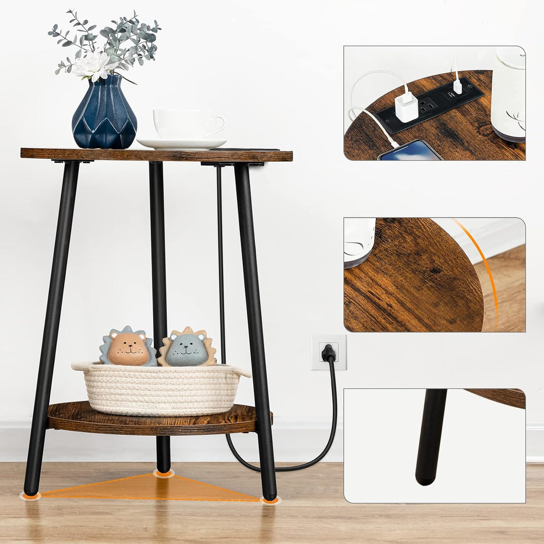 Round End Table w/ Charging Station, 2-Tier Rustic Brown