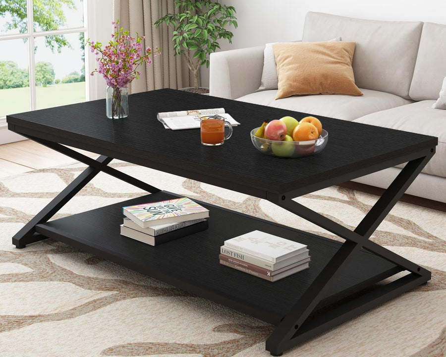 Minimalist Industrial Black Oak Coffee Table, 47-Inch Rectangle