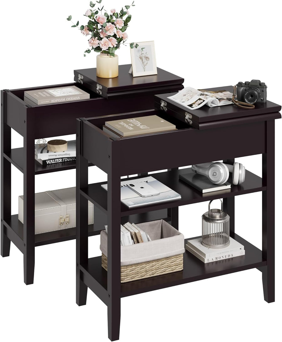 End Table, 3-Tier Flip Top Side Table, Narrow Nightstand