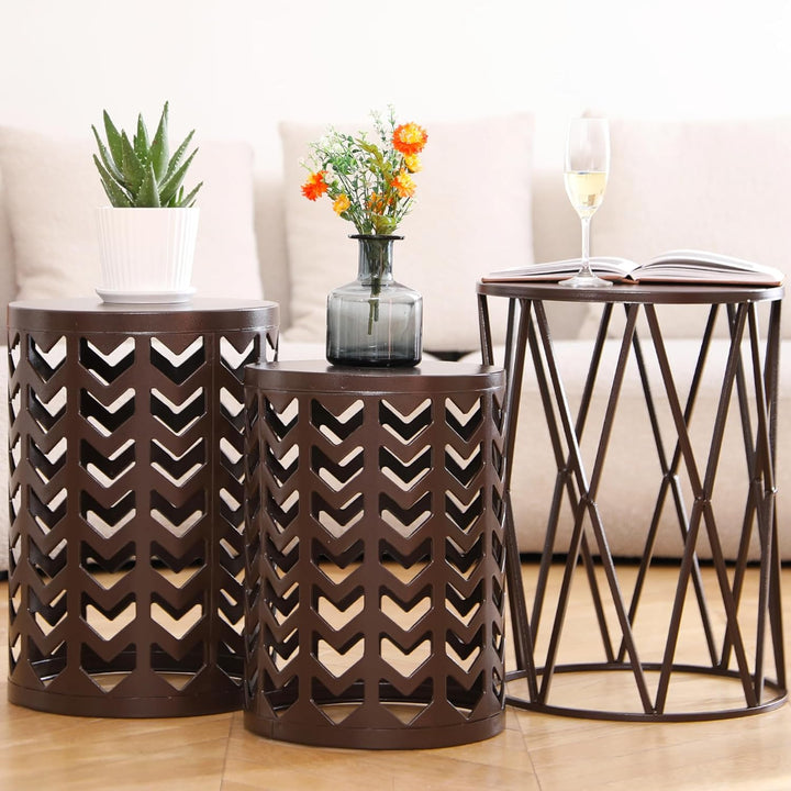 Nesting Coffee Tables, Set of 3 End Tables - Heavy Duty Metal, Brown