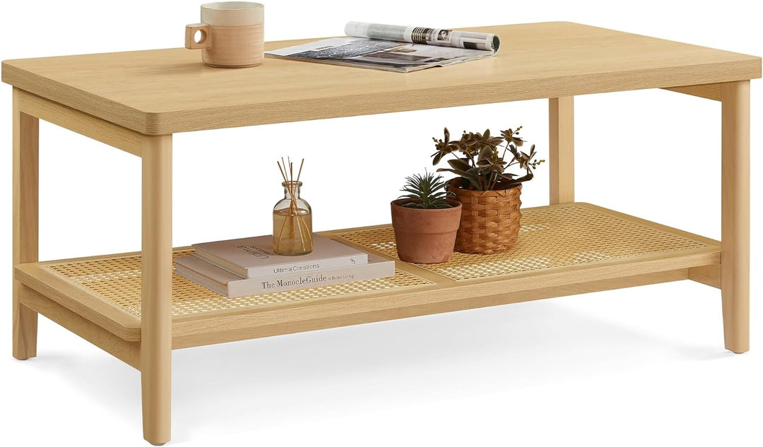 VASAGLE 2-Tier Coffee Table, Rectangular Center Table with PVC Rattan Storage Shelf, Oak Beige