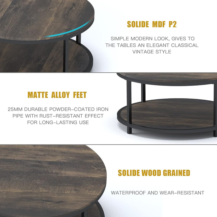 Rustic Round Coffee Table with Wooden Surface, Metal Legs, Storage