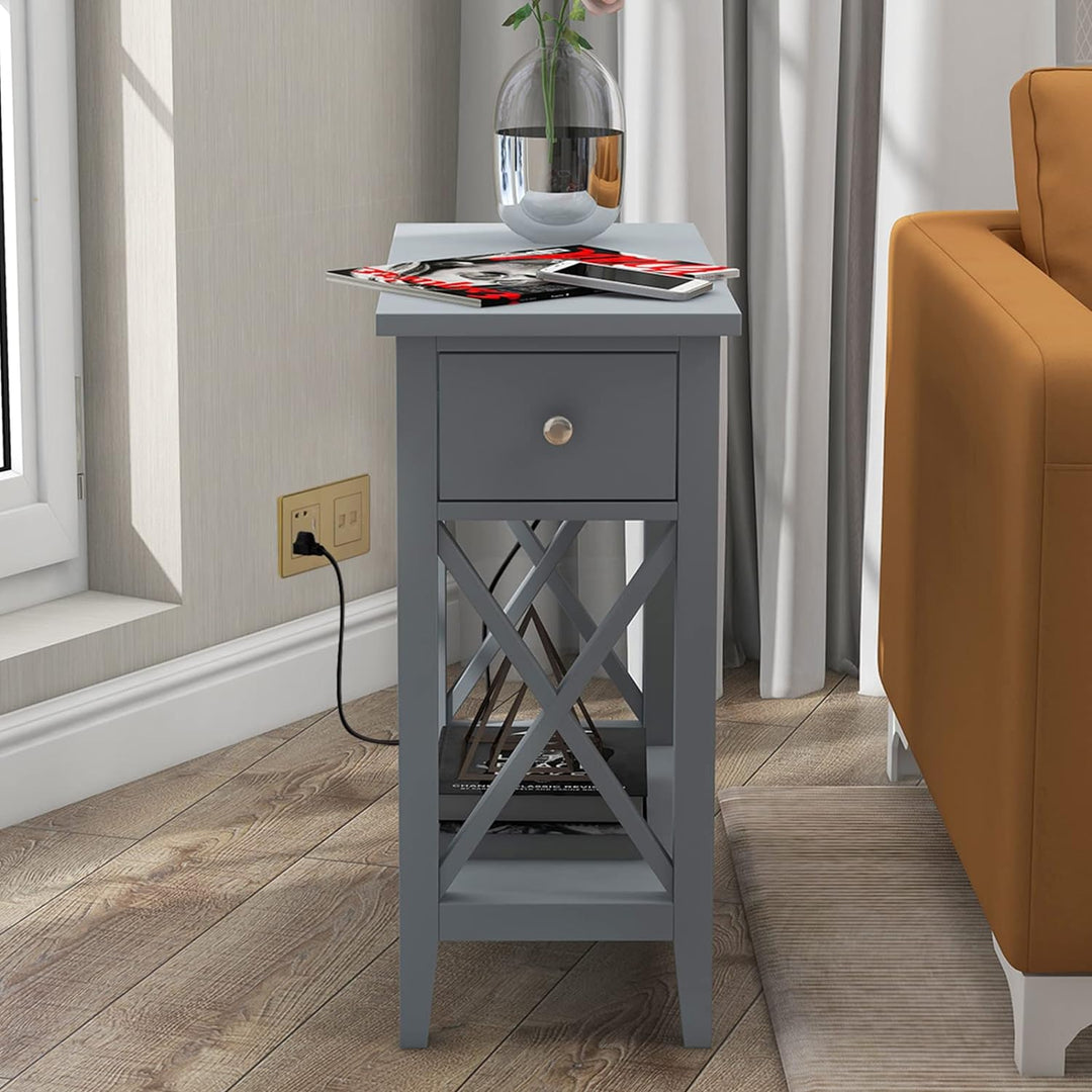 End Table with Charging Station, Narrow Grey