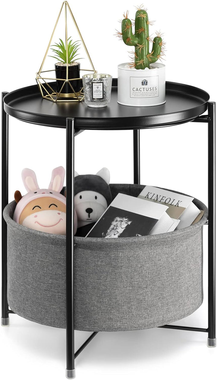 Round Side Table with Fabric Storage Basket