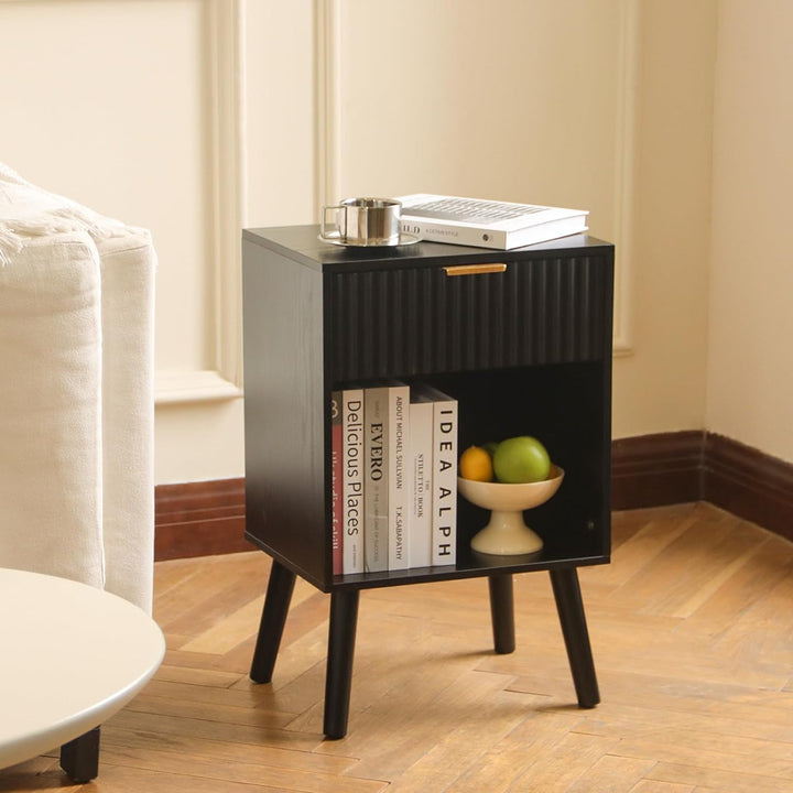 Black Fluted Nightstand, Modern Bedside Table