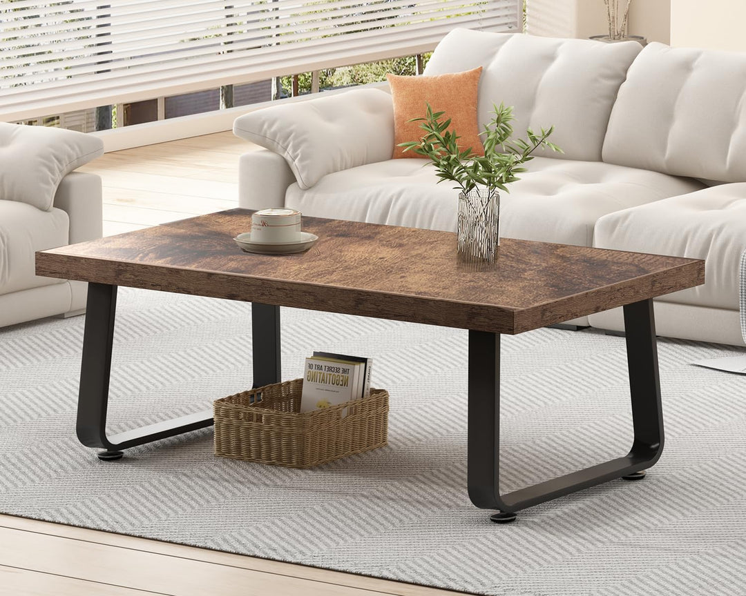 HSH Wooden Coffee Table, Industrial Rectangle Center Table, Modern Minimalist Living Room Furniture, Rustic Brown