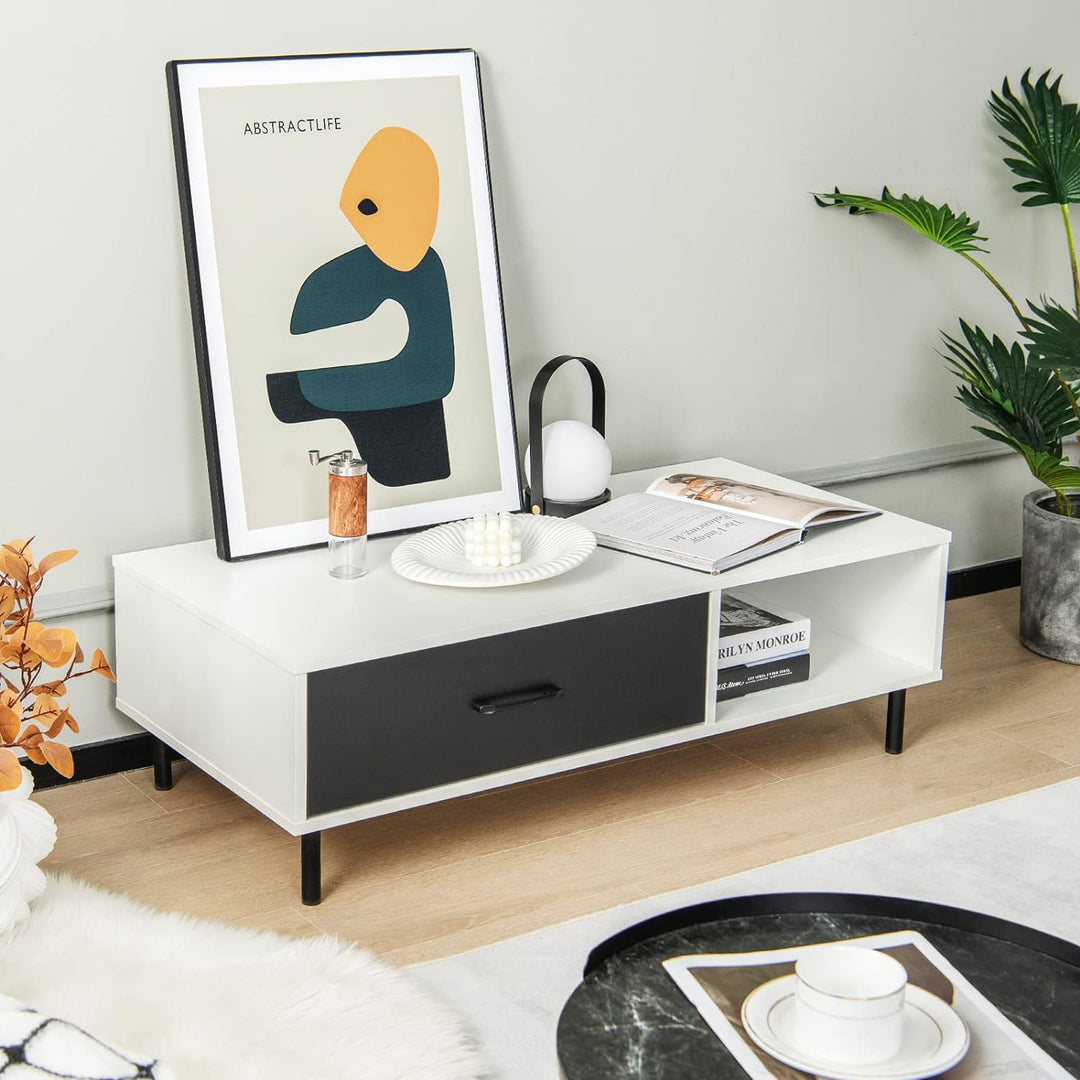 Giantex Modern Wood Rectangular Coffee Table, Drawer, Shelf (White, Black)