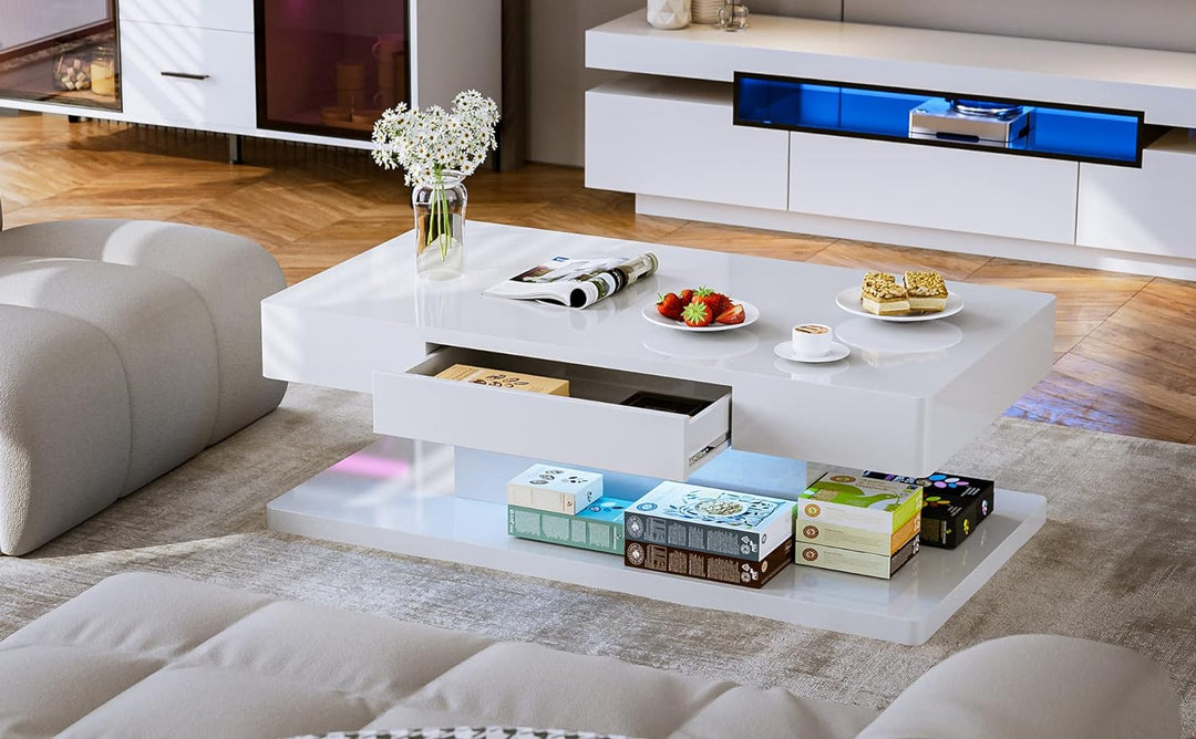 IKIFLY Modern LED Coffee Table, White High Glossy Rectangle