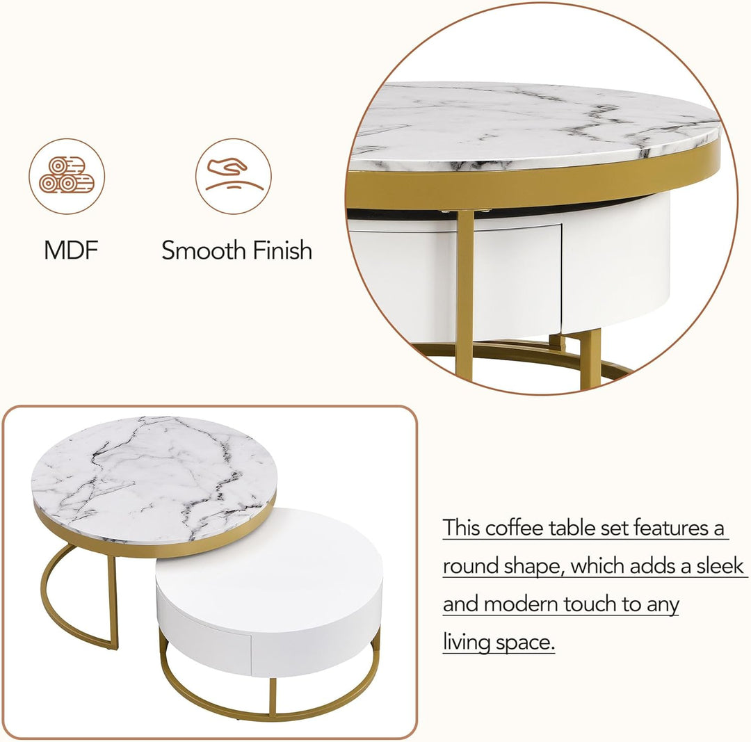 Farmhouse Round Coffee Table with Drawers, Modern Circle Nesting, GoldenWhite