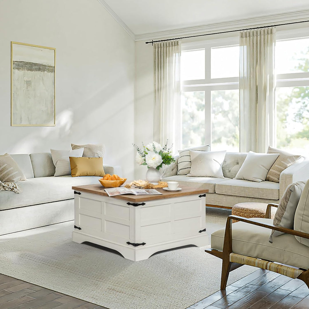 Farmhouse Coffee Table with Lift Top Storage, Rustic Wood, Antique White