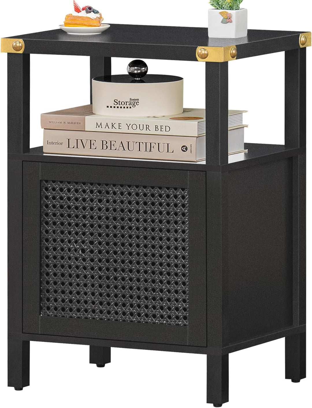 Rattan Nightstand, Side End Table with Storage