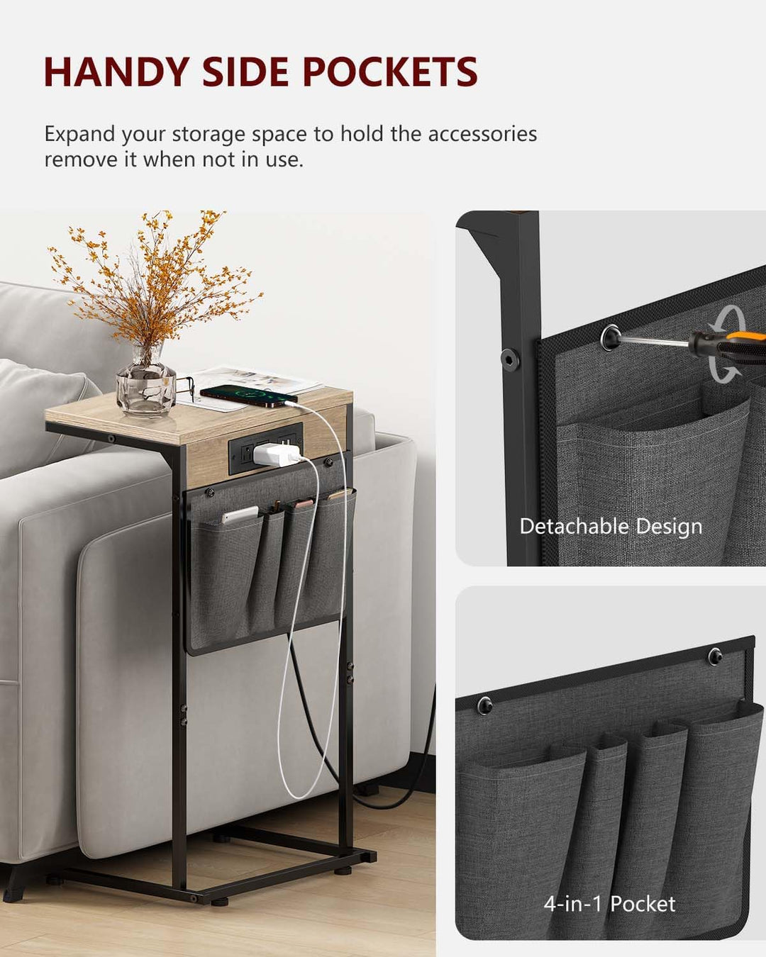 C Shaped End Table w/ Charging Station, Storage Bag