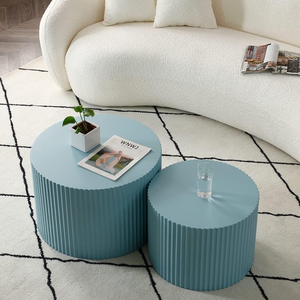 Modern Nesting Coffee Table Set, Round Wood Side Tables, Blue