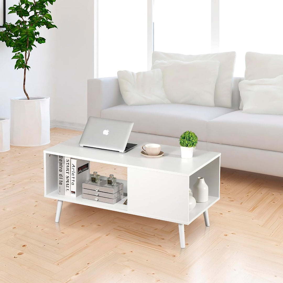 ZenStyle Mid Century Modern Coffee Table, Wooden Retro Living Room Table, White