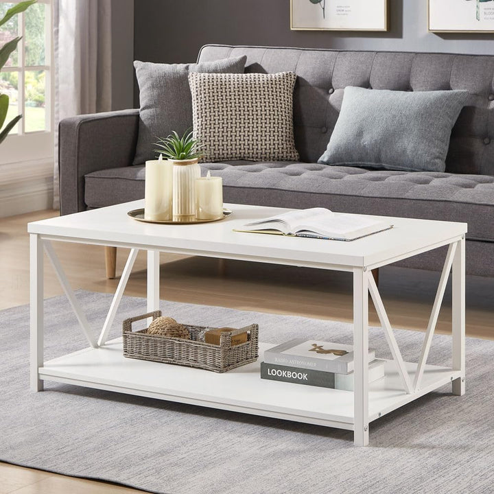 Rustic Coffee Table with Storage Shelf, Modern Living Room Furniture, White Oak