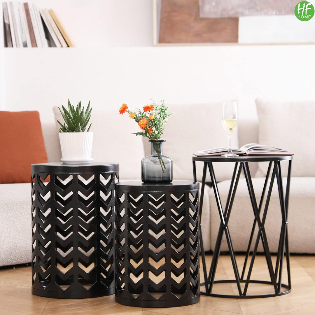 Multifunctional Nesting Round Metal Coffee End Tables, Set of 3 - Pure Black