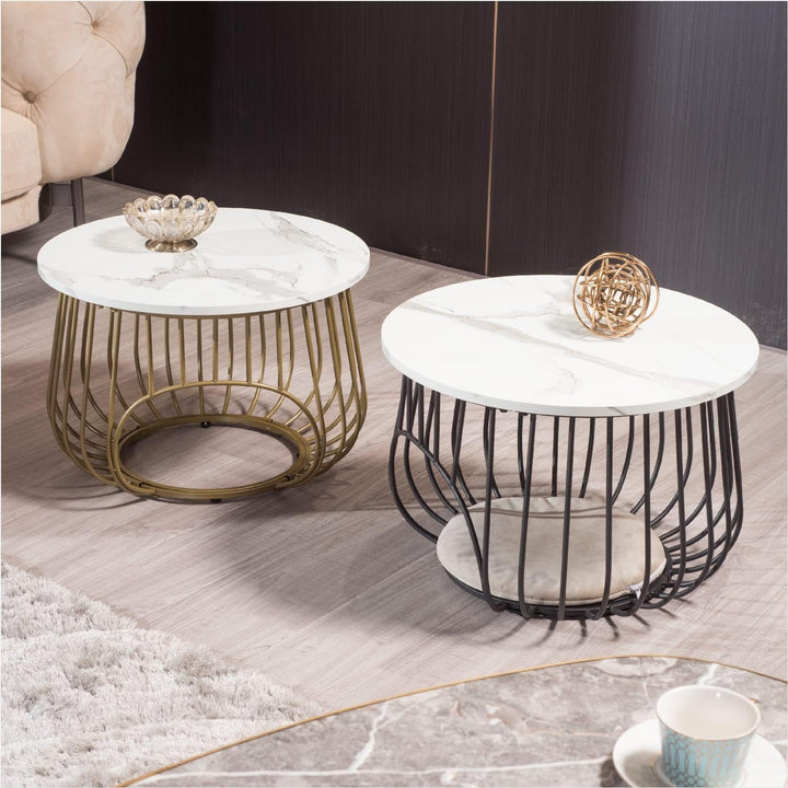 22" Round Coffee Table, Modern Cocktail Table, White Marble, Gold