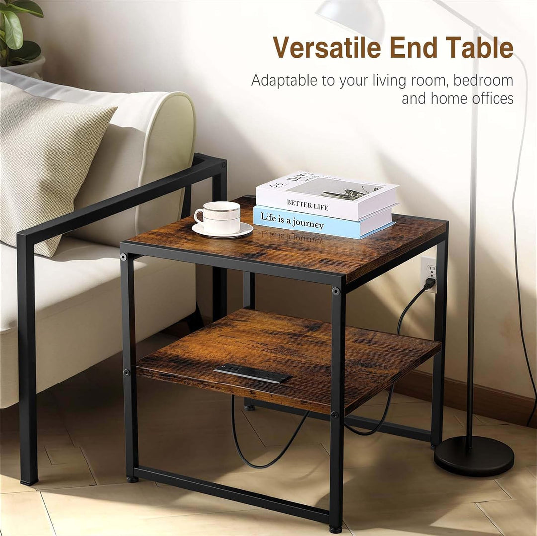 20" End Table w/ Charging Station, Industrial Square Side Table