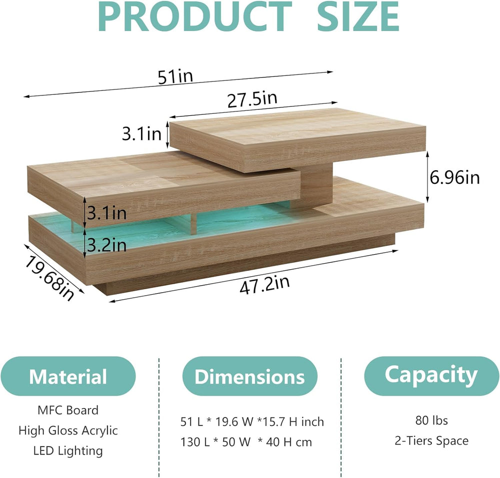 Minimalist Modern 3-Tier Rectangle Coffee Table with 16-Color LED, R2