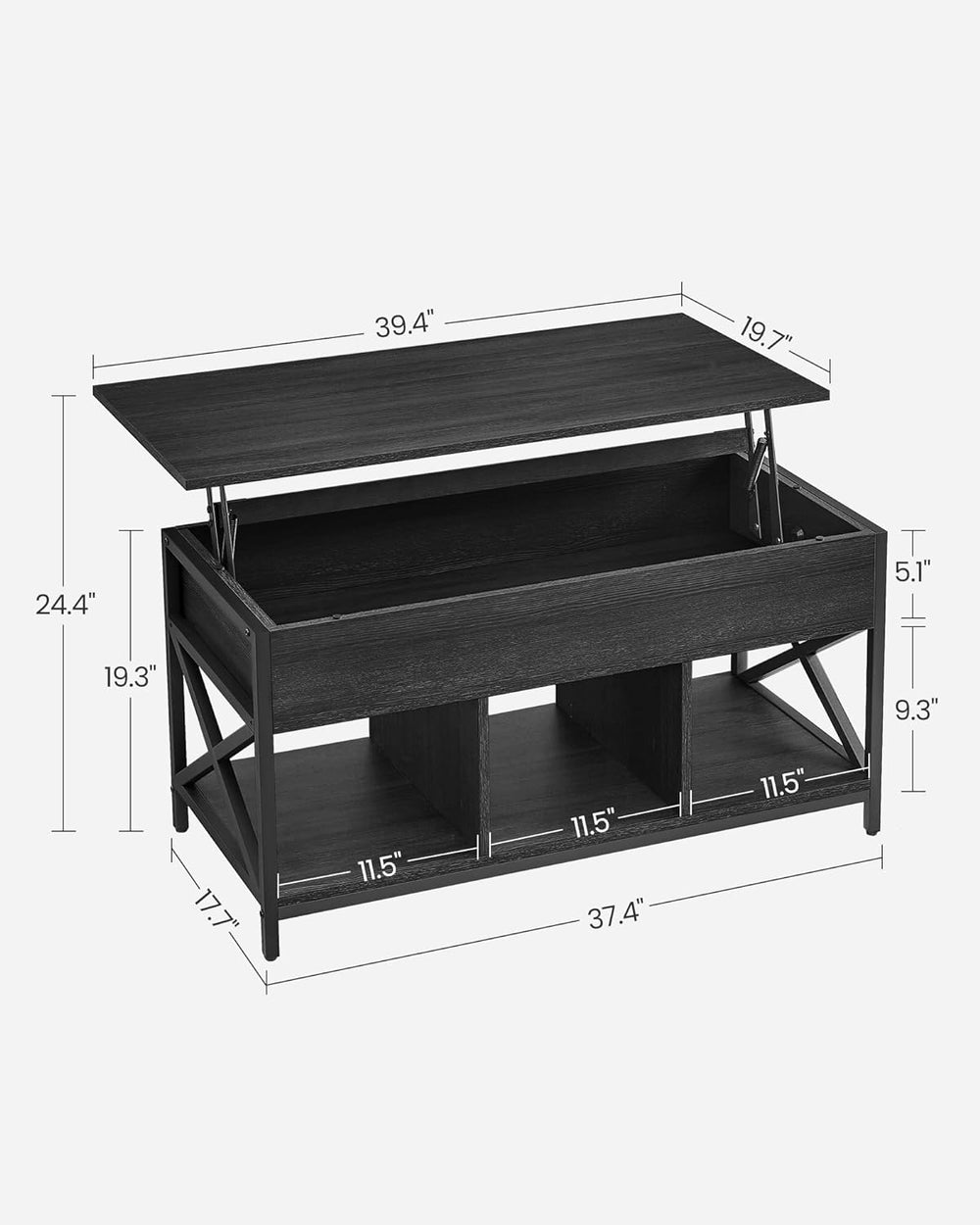 VASAGLE Lift Top Coffee Table with Hidden Storage, Black Wood