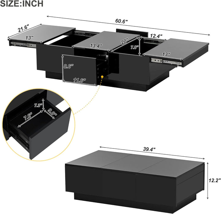 Multifunctional Extendable Coffee Table with Hidden Storage, Drawers, and Sliding Tabletop, Black