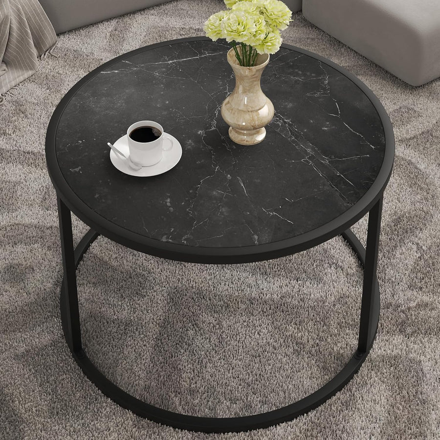 Stylish Small Round Coffee Table with Black Faux Marble