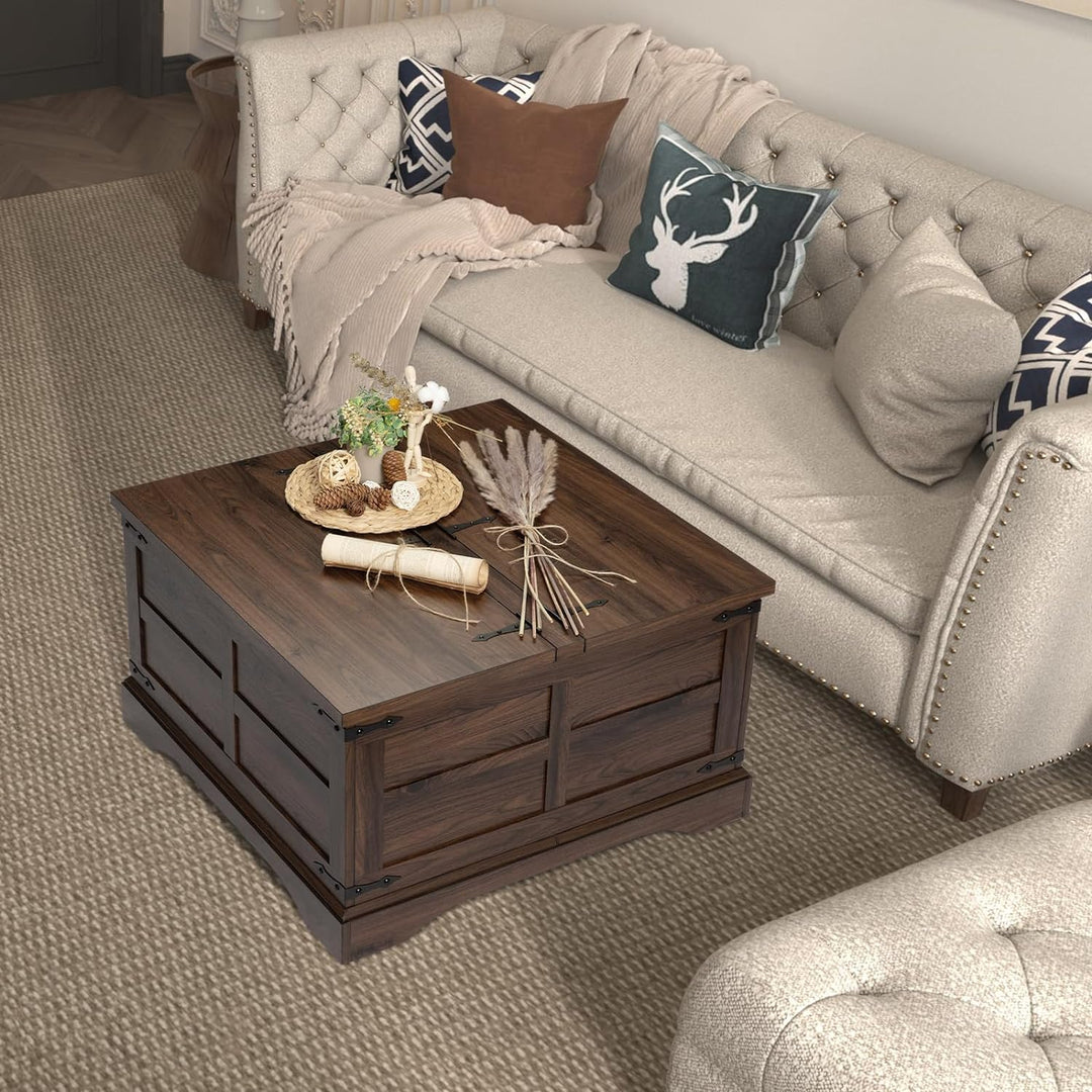 Farmhouse Coffee Table with Hinged Lift Top, Rustic Wood Table, Walnut