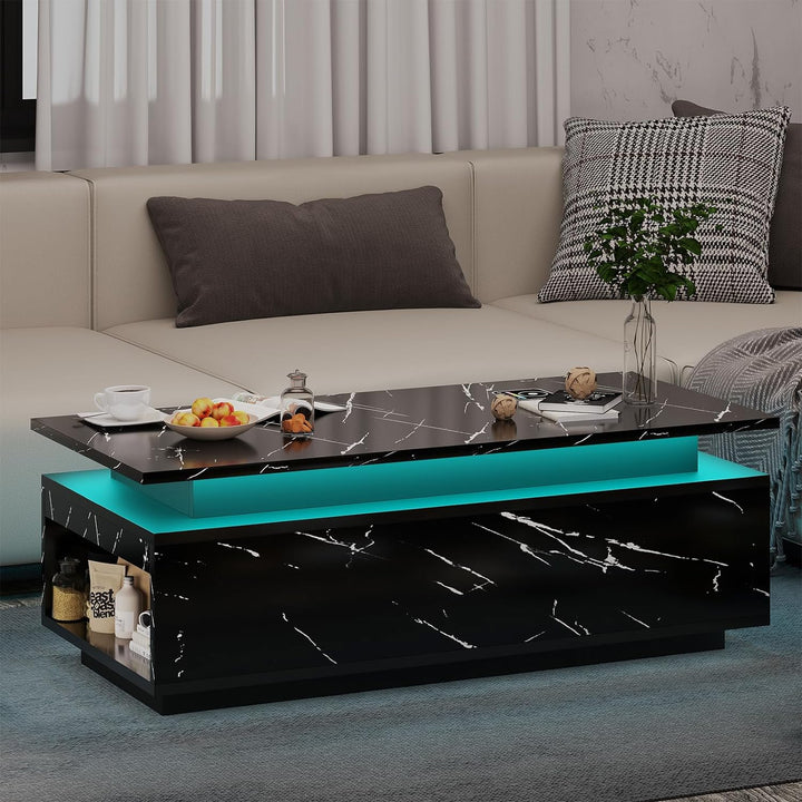 LED Coffee Table with Storage, Wireless Charging, Bluetooth - Black