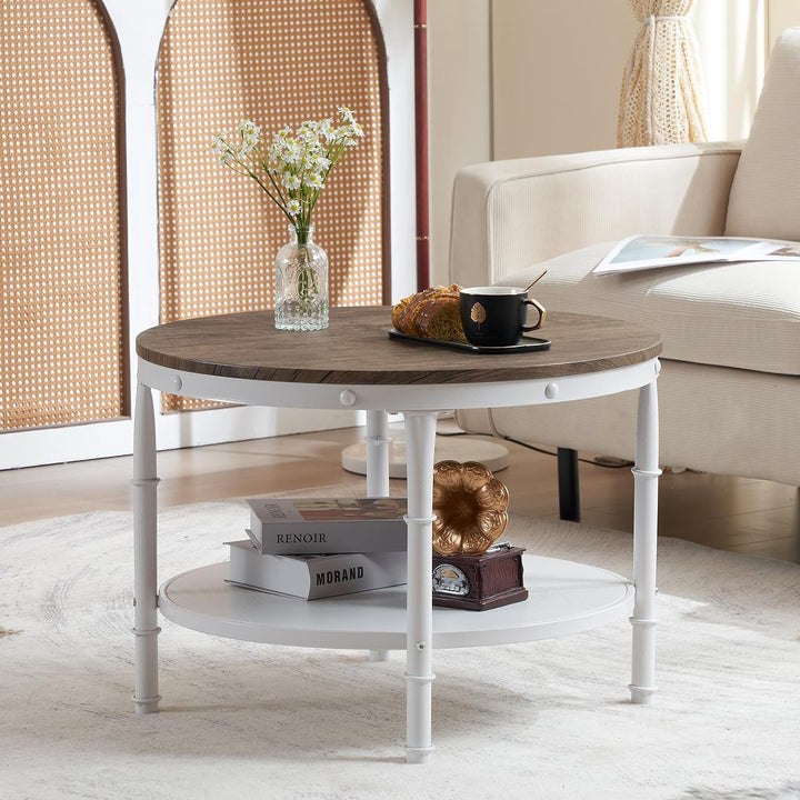 Farmhouse Coffee Table, 2-Tier Storage Wood Center Circle Accent Table, Dark Walnut White