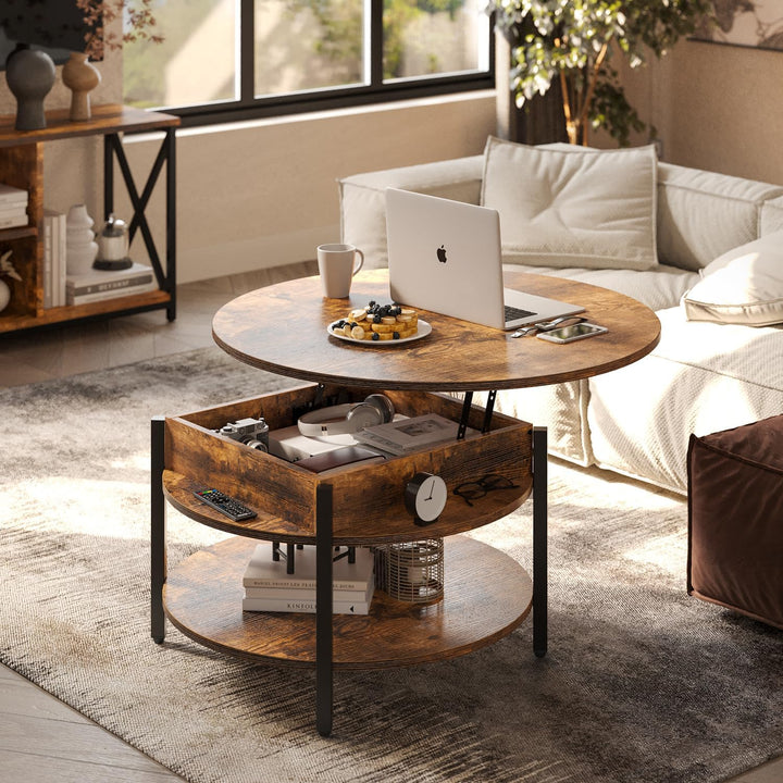 Rustic Brown Round Lift Top Coffee Table with Hidden Storage