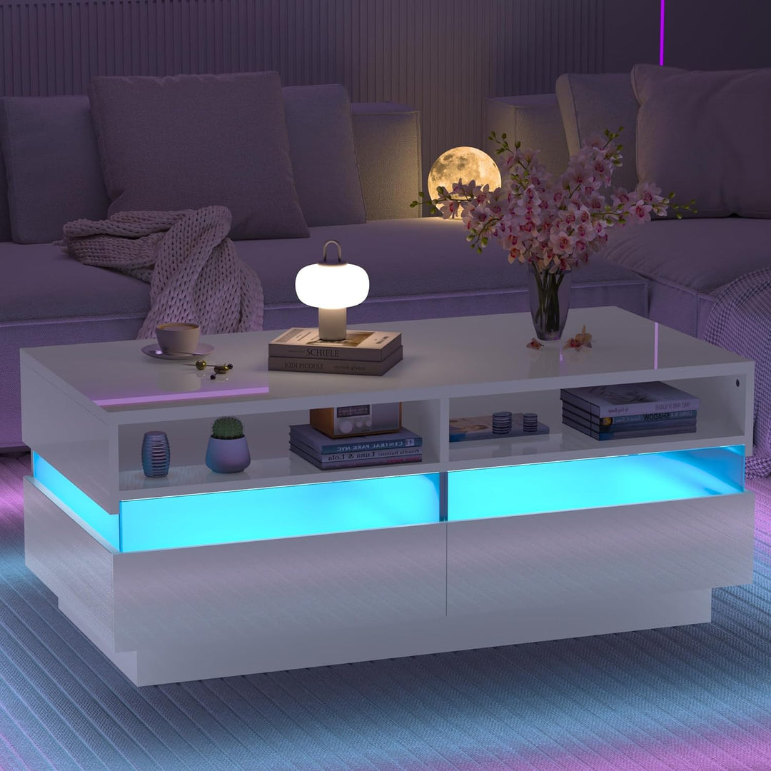 Modern High Gloss White LED Coffee Table with Storage Drawers