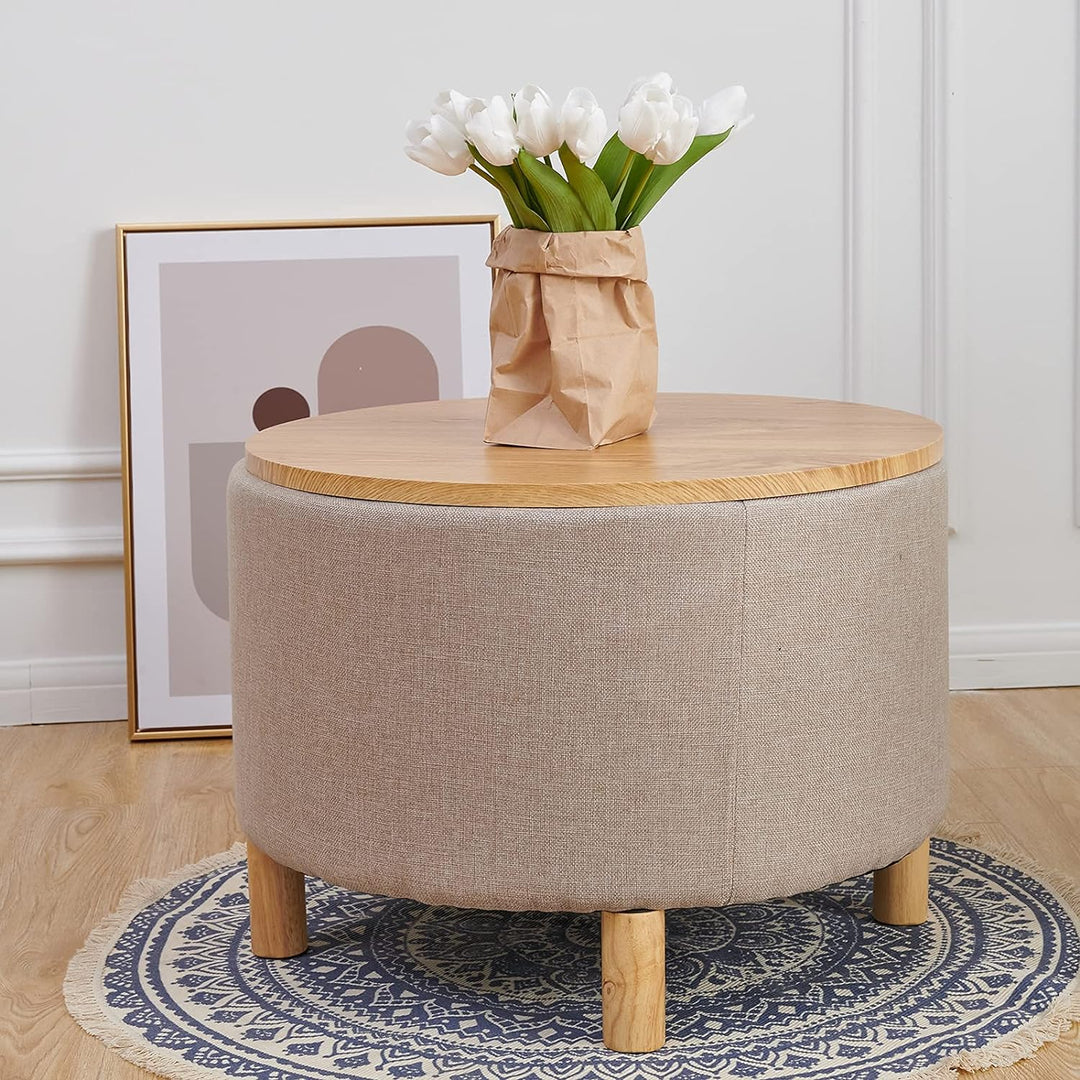 Round Coffee Table with Storage, Multi-Function Ottoman, Natural Color