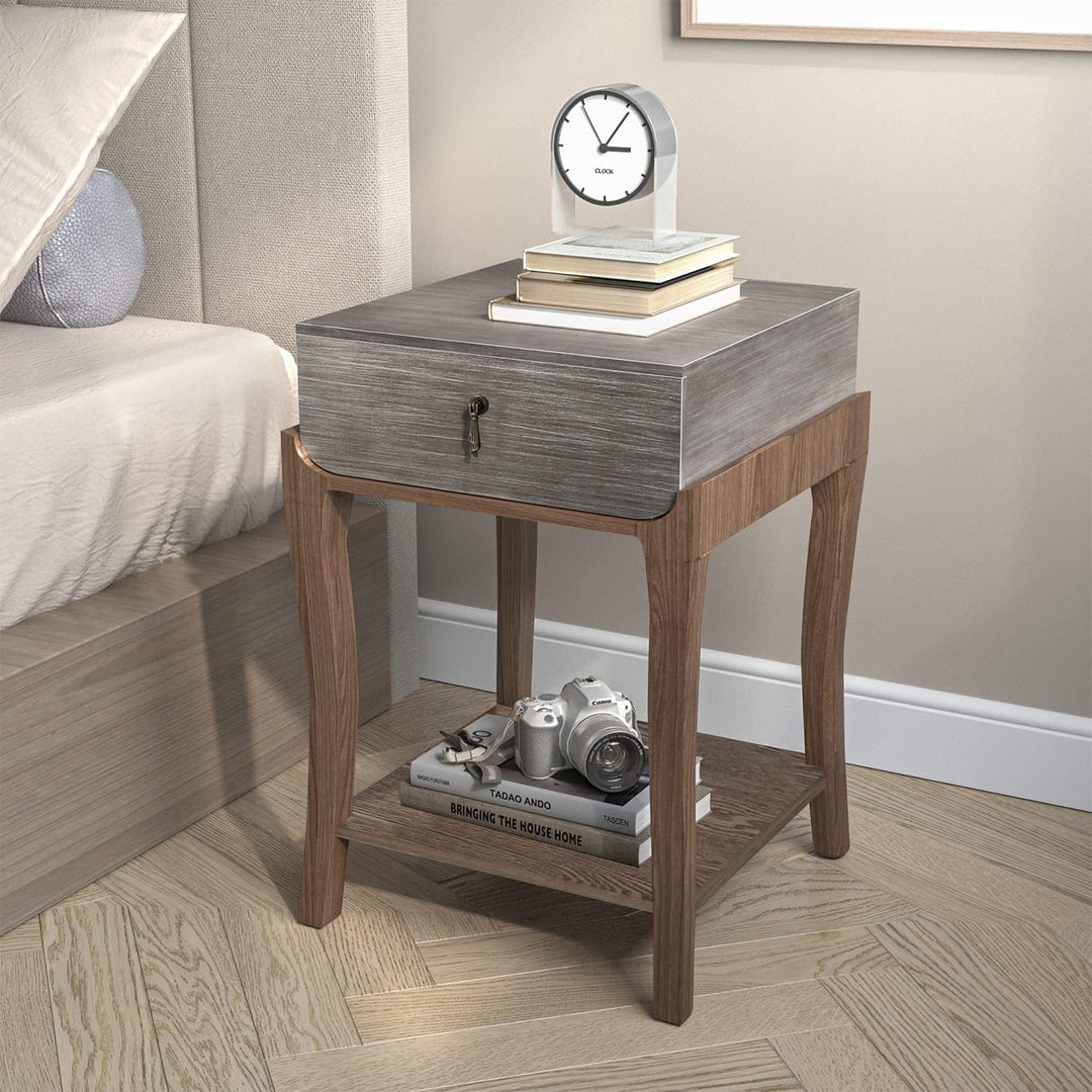 2-Tier Farmhouse Bedside Table, Wood Accent End Table