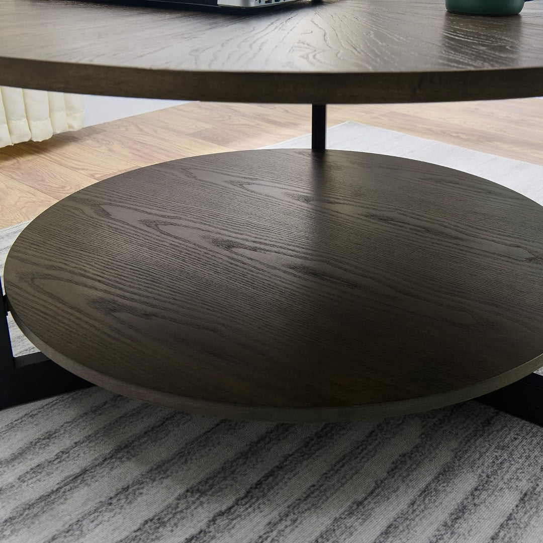 Rustic Round Coffee Table with Storage Shelf, Farmhouse Cocktail Table, Brushed Black