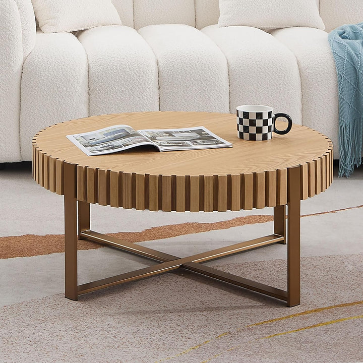 31.5" Round Coffee Table, Farmhouse Wood, Natural Ash