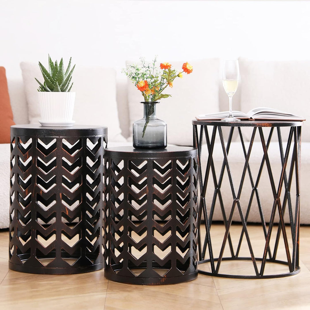 Nesting Round End Table Set, Modern Metal Coffee Tables, Black, Bronze