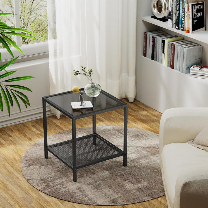 Sleek Black Glass End Table, 2-Tier Narrow Bedside Table, Living Room