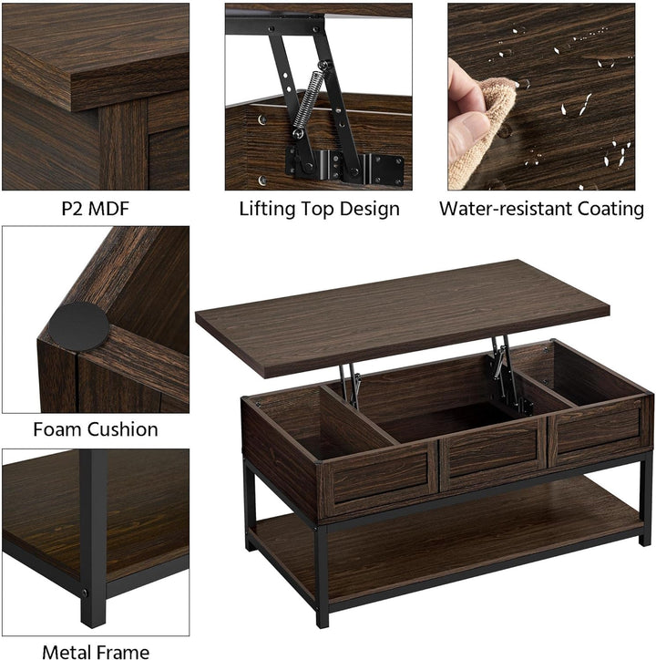 Lift Top Coffee Table with Hidden Compartments, Espresso