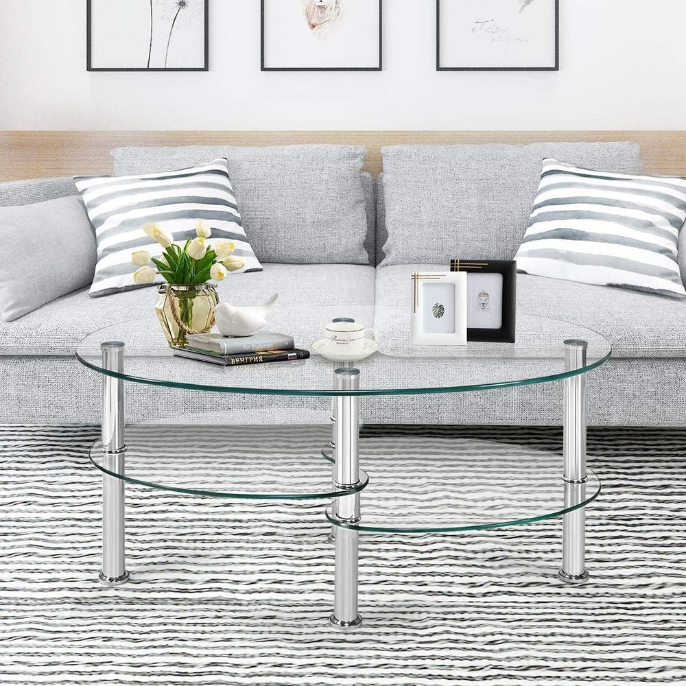 Tempered Glass Coffee Table, 3-Tier Steel Tea Table, Clear Glass