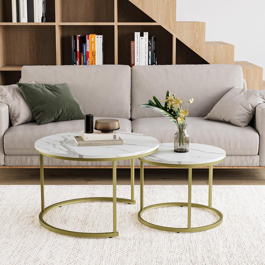 White Nesting Coffee Table Set, Wooden Marble Pattern, Adjustable Feet