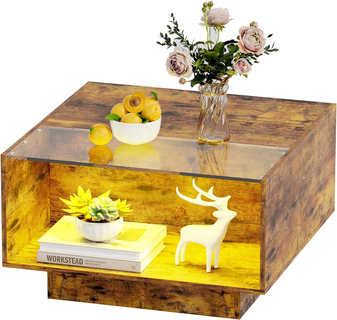 Unique LED Coffee Table with Storage, 16 Color Changing Lights, Rustic Brown