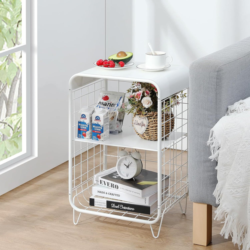 3 Tier Metal Side Table,Vintage Bedside Table,White